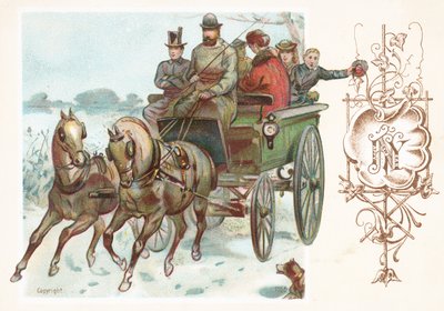 Galoppierende Pferde und Postkutsche, Neujahrskarte von English School