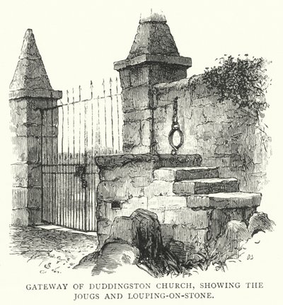 Tor der Duddingston Kirche, mit den Jougs und Louping-on-Stein (Stich) von English School