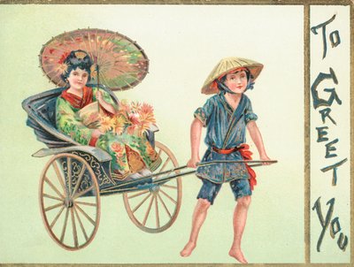 Geisha-Mädchen wird im Wagen gezogen von English School