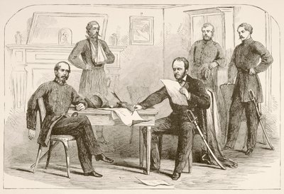 General Joseph Eggleston Johnston kapituliert die Armee von Tennessee an General William Tecumseh Sherman (Lithographie) von English School