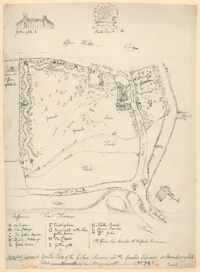 Allgemeiner Grundriss des gotischen Herrenhauses und der angrenzenden Grundstücke in Strawberry Hill, Twickenham, London von English School