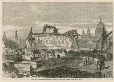 Gesamtansicht der Arbeiten für die London, Chatham und Dover Eisenbahnbrücke bei Blackfriars von English School