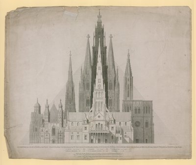 Geometrische Erhebungen der Westfronten der Kathedralen von St. Pauls, London (vor dem Brand) ... und der Großen Pyramide von Ägypten in einem Maßstab von English School