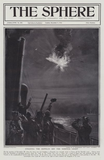 Deutsches Zeppelin-Luftschiff, das vor der Küste von Norfolk abgeschossen wurde, Erster Weltkrieg, 28. November 1916 von English School