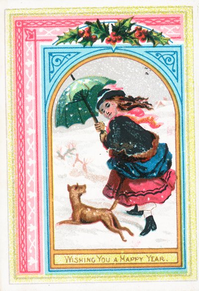 Mädchen und Hund rennen im Schnee, Neujahrskarte von English School