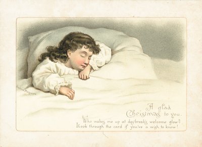 Mädchen schläft im Bett, Weihnachtskarte von English School