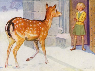 Mädchen füttert ein Reh im Schnee von English School