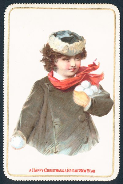 Mädchen sammelt Schneebälle, Weihnachtskarte von English School