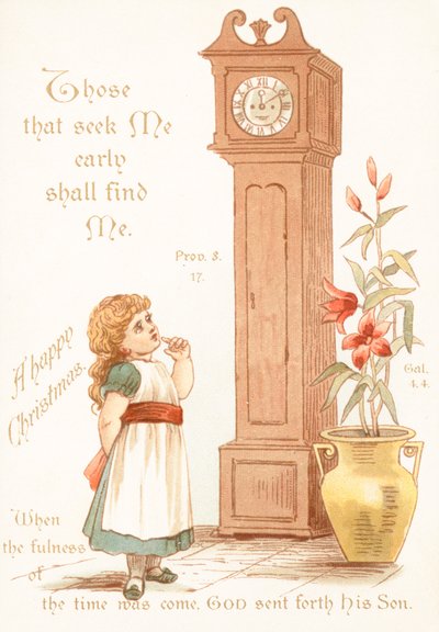 Mädchen schaut auf Standuhr, Weihnachtskarte von English School