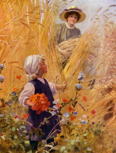Mädchen pflückt Mohnblumen auf einem Kornfeld, während eine Frau die Ernte einholt von English School