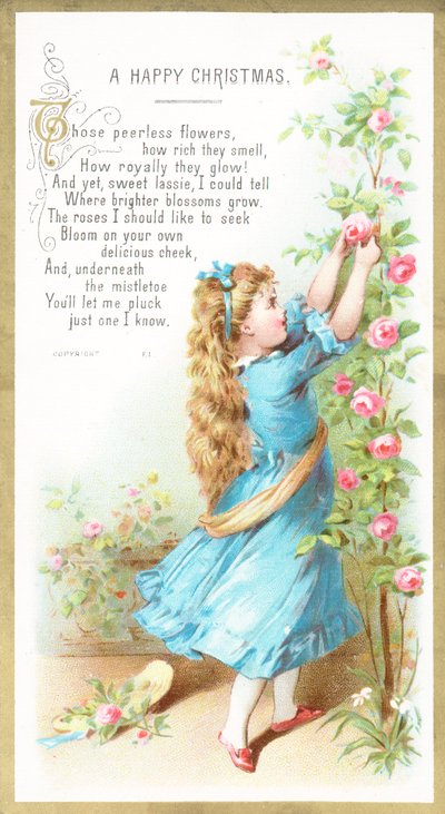 Mädchen pflückt Rosen, Weihnachtskarte von English School