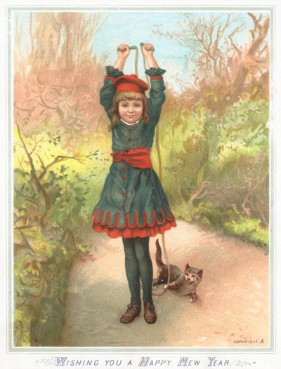 Mädchen spielt mit Springseil und Katze von English School