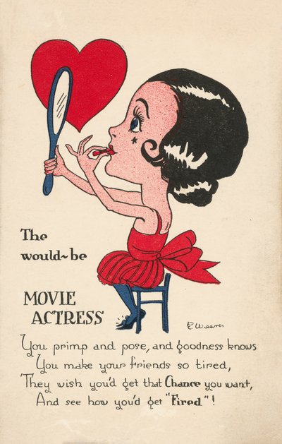 Mädchen, das Lippenstift im Spiegel aufträgt (Farblithographie) von English School