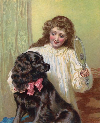 Mädchen zeigt ihrem Haustierhund sein Spiegelbild von English School