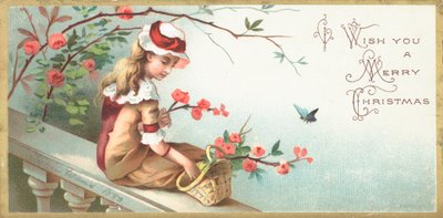 Mädchen sitzt auf Brücke, Weihnachtskarte von English School