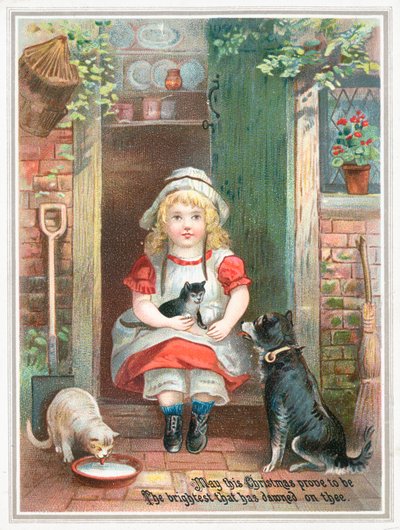 Mädchen sitzt auf Türschwelle, Weihnachtskarte von English School