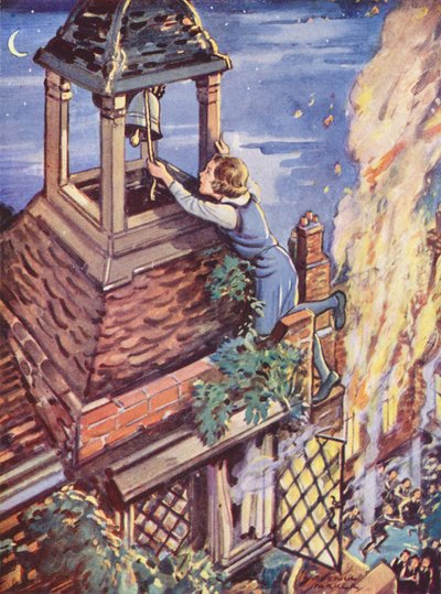 Mädchen läutet die Alarmglocke, um vor einem Feuer zu warnen von English School