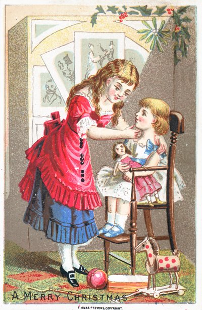 Mädchen spricht mit kleinem Kind im Hochstuhl, Weihnachtskarte von English School