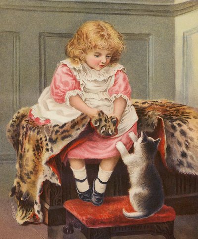 Mädchen mit Leopardenfell und Hauskatze von English School