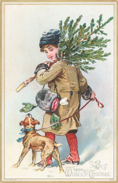 Mädchen mit Hund trägt Weihnachtsbaum, Weihnachtskarte von English School