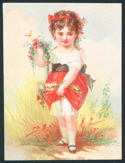 Mädchen mit Blumen und Schmetterling - Viktorianische Grußkarte von English School