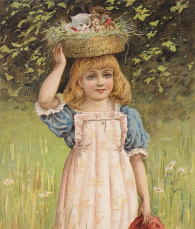 Mädchen mit spielenden Kätzchen in einem Korb von English School