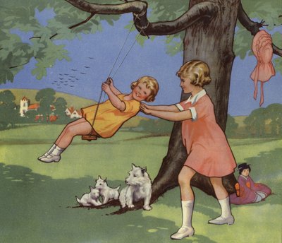 Mädchen spielen auf einer Schaukel in der englischen Landschaft von English School