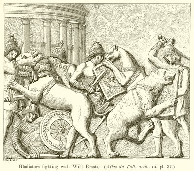 Gladiatoren kämpfen mit wilden Tieren (Atlas du Bull. arch., iii. pl. 37) von English School