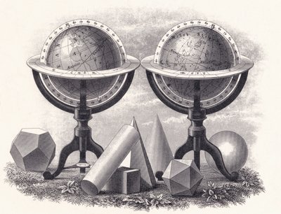 Globen der Erde und des Himmels mit geometrischen Formen von English School