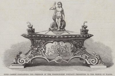 Goldene Schatulle mit der Freiheit der Fischhändler-Gesellschaft, dem Prinzen von Wales überreicht von English School