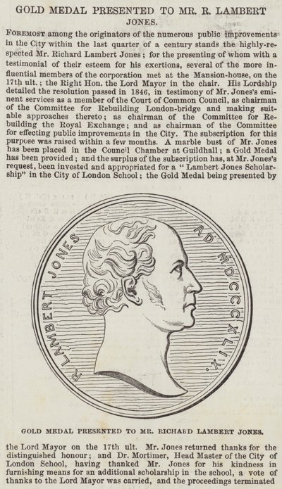 Goldmedaille überreicht an Mr. Richard Lambert Jones (Gravur) von English School