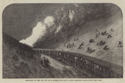 Güterzug in Brand geraten, von einem Expresszug auf der Caledonian Railway gerammt (Gravur) von English School