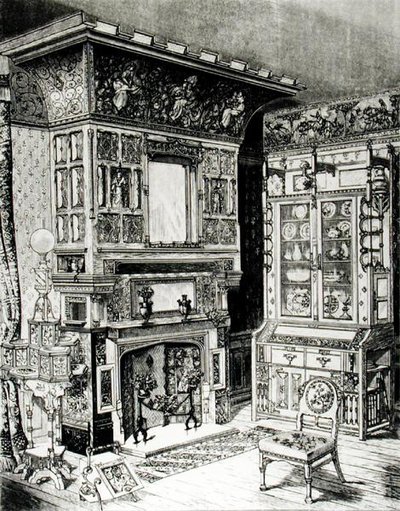 Gotischer Schrank und ein reich verzierter Kamin von Cox & Sons für Philadelphia von English School