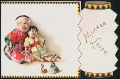 Grußkarte mit einem orientalischen Kind, das eine Puppe hält von English School