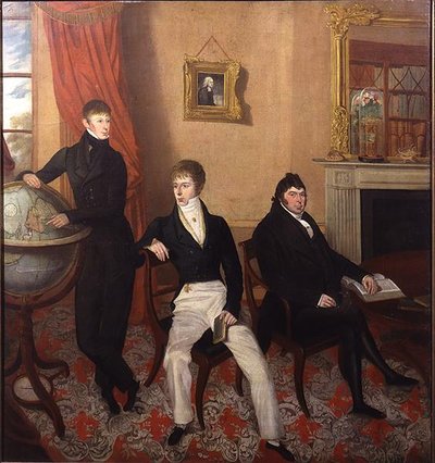 Gruppenporträt von drei Männern in einem aufwendigen Saloninterieur, ca. 1825 von English School
