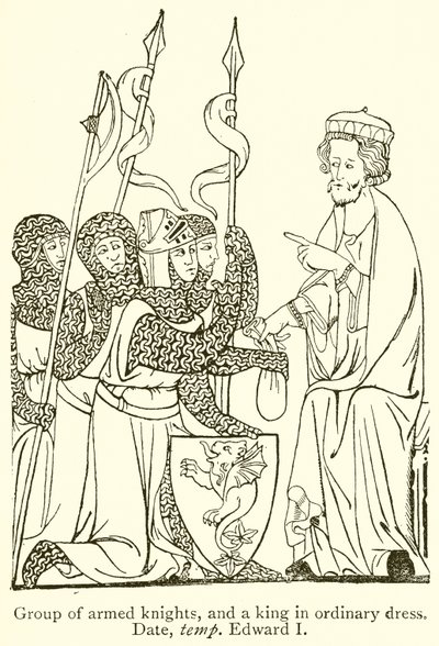 Gruppe bewaffneter Ritter und ein König in gewöhnlicher Kleidung. Datum, Temp Edward I. von English School