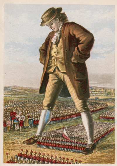 Gulliver überragt die versammelten Truppen von Lilliput von English School