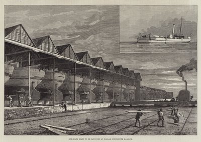 Kanonenboote bereit zum Stapellauf in Haslar, Portsmouth Harbour (Gravur) von English School
