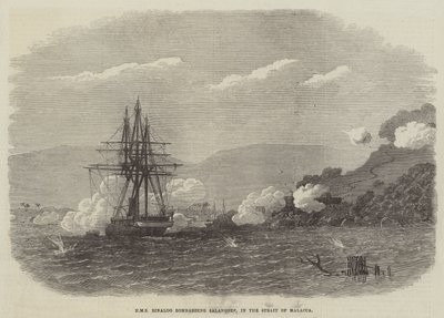 HMS Rinaldo bombardiert Salangore in der Straße von Malakka (Gravur) von English School