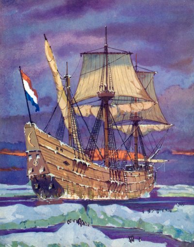 Halve Maen, oder Half Moon, Henry Hudson (Farblithographie) von English School