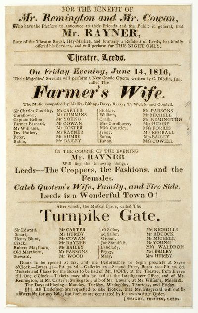 Handzettel, der eine einmalige Aufführung von Mr. Rayner in "Die Frau des Bauern" und "Turnpike Gate" im Theater von Leeds bewirbt von English School