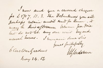 Handschrift und Unterschrift von William Eward Gladstone, 1852 von English School