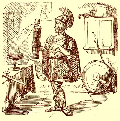 Hannibal hält die übliche Rede vor seinem Selbstmord, Illustration aus Die komische Geschichte Roms von Gilbert Abbott a Beckett, veröffentlicht um 1850 von English School