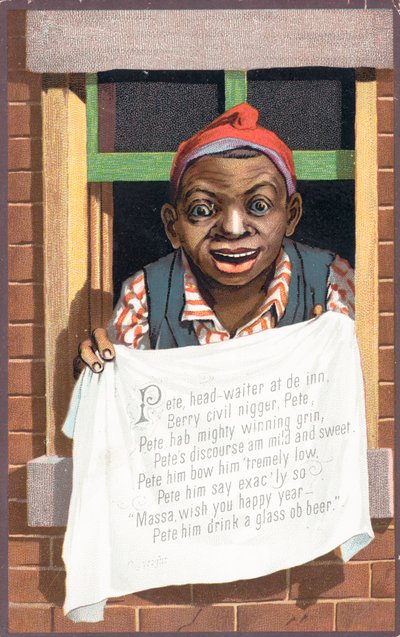 Fröhlicher schwarzer Mann schaut aus dem Fenster, Neujahrskarte von English School