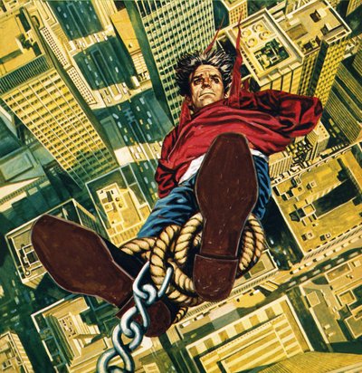 Harry Houdini, aufgehängt von der Spitze eines New Yorker Wolkenkratzers von English School