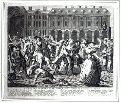 Er und seine betrunkenen Gefährten verursachen einen Aufruhr im Covent Garden, aus einer raubkopierten Serie basierend auf Hogarths 