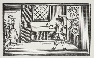 Er ging in die Speisekammer und bediente sich am Brot und Butter, Illustration aus Chap-books des achtzehnten Jahrhunderts von John Ashton, veröffentlicht 1882 von English School