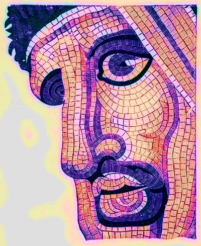 Kopf in Mosaik, aus Die Schlacht von Issus, Illustration aus Historischer Schmuck von James Ward, veröffentlicht 1897 (digital verbessert) von English School