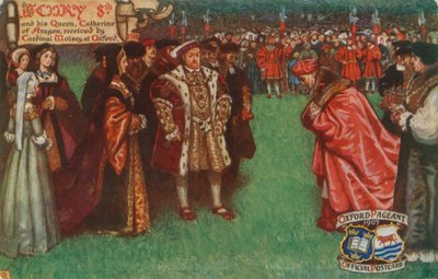 Heinrich VIII. und seine Königin, Katharina von Aragon, werden von Kardinal Wolsey in Oxford empfangen, 1518 von English School