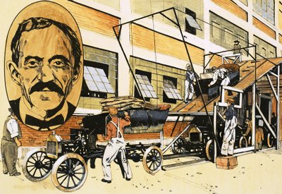 Henry Ford und seine erste Produktionslinie von 1908 von English School